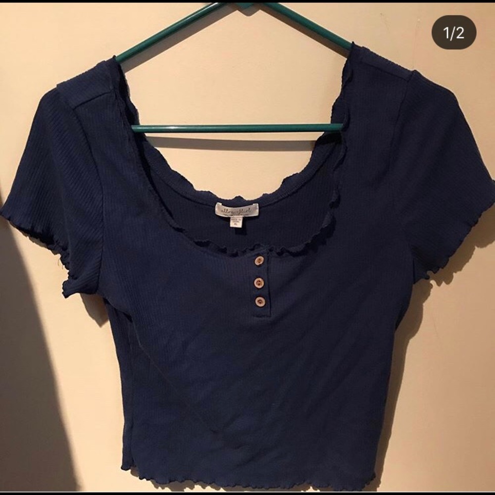 blue off shoulder shirt